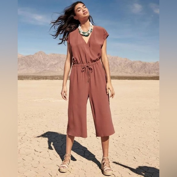 Eileen Fisher Russet Brown Crepe Faux Wrap Wide Leg Crop Jumpsuit XXS - Picture 1 of 7